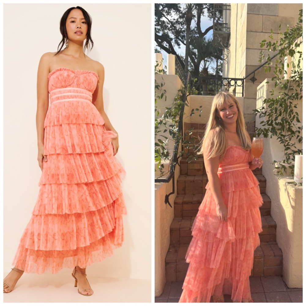 Hutch Strapless Tiered Maxi Dress in Coral Pink